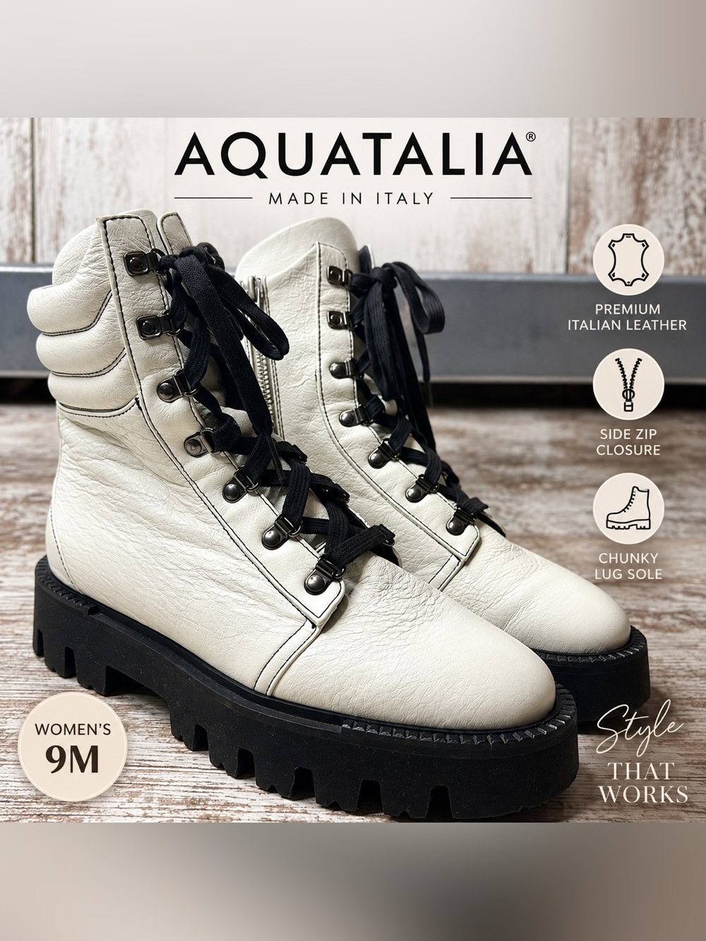 Aquatalia White Leather Combat Boots Lug Sole Women’s Size 9M Made in Italy